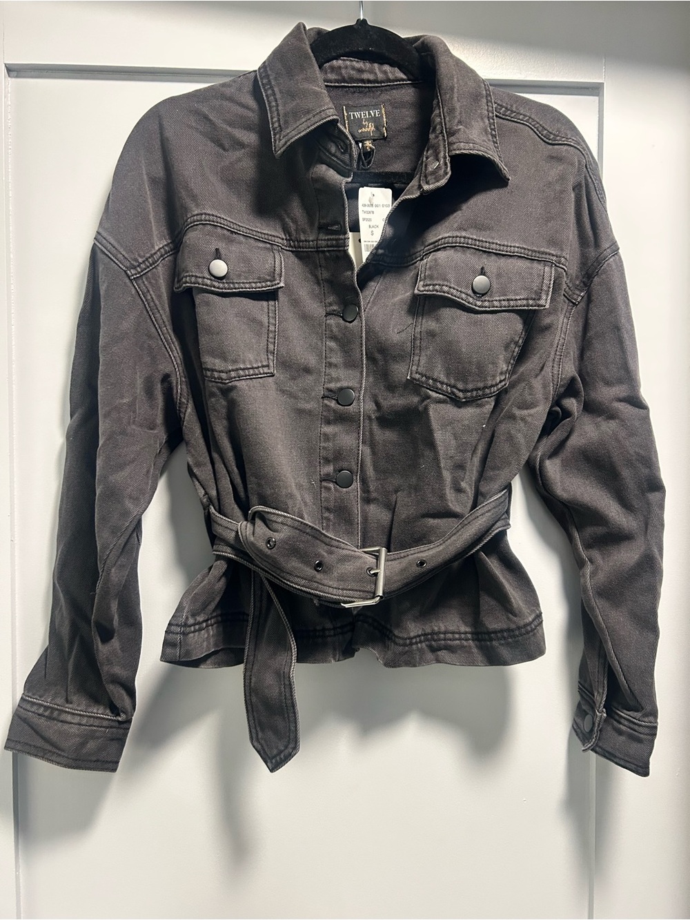 Twelve by Twelve Dark Charcoal Belted Jean Jacket